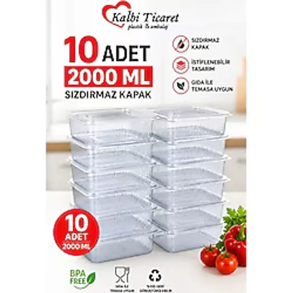 Kalbi Ticaret Plastik Saklama Kabı 2000 gr 10 Adet Plastik Kapaklı Kase Sızdırmaz Kap Şeffaf Kullan At Kase
