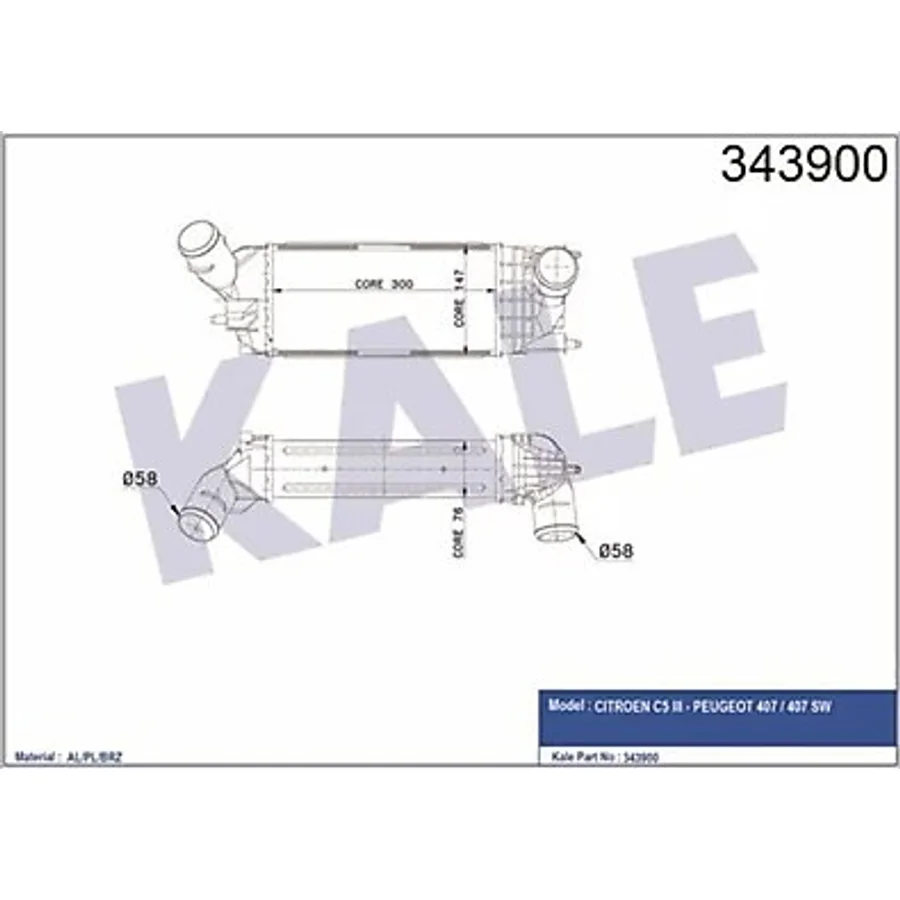 KALE OTO Radyatör 343900 Turbo Radyatörü 407 04- 1.6 HDI 2.0 HDI / C5 08- 300X147X76