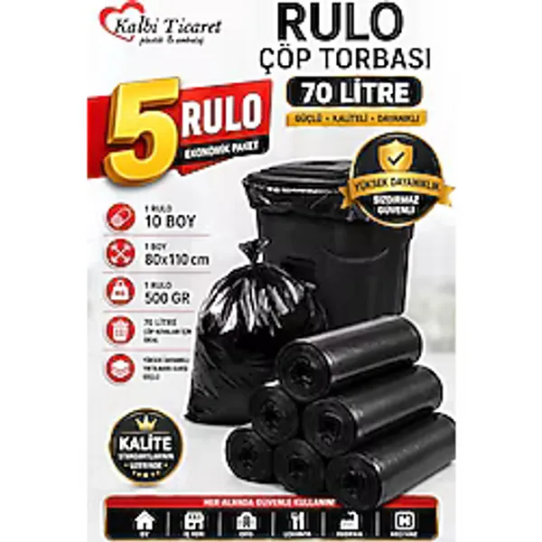 Kalın Çöp Torbası 500 gr X 5 Rulo Siyah Çöp Poşeti 80x110 Cm Jumbo Endüstriyel Çöp Torbası