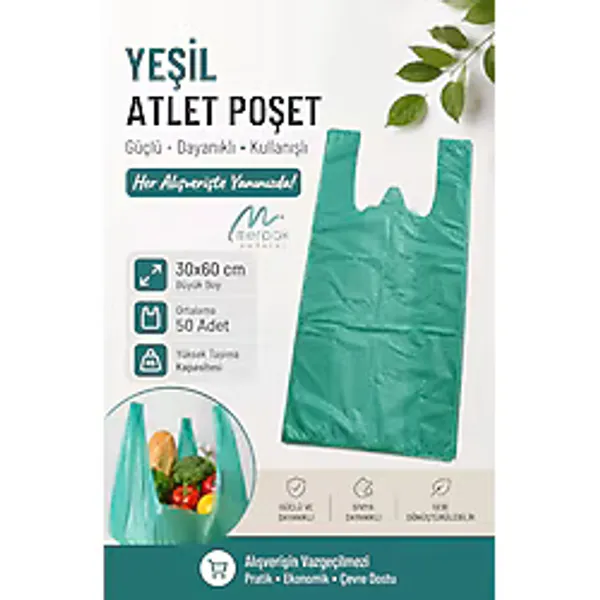 Kalın Yeşil Poşet Büyük Boy 1 Kg Hışır Atlet Poşet Market Manav Poşeti 30X60 Cm Çöp Poşeti