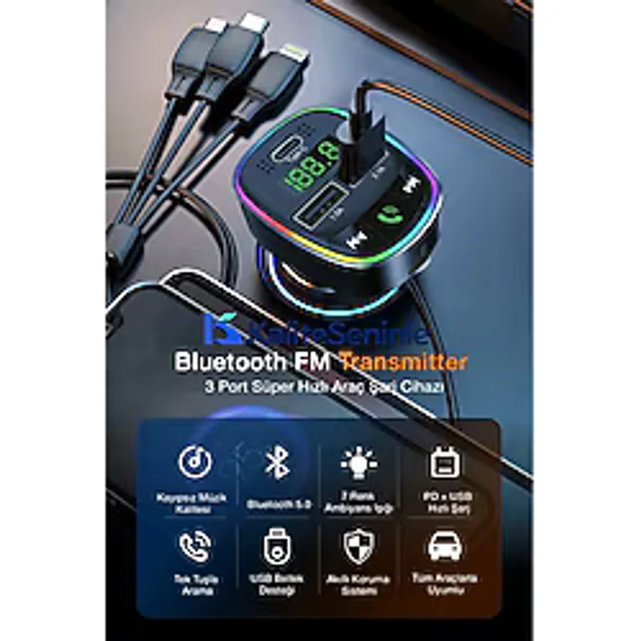 KALİTESENİNLE Fm Transmitter Bluetooth AraçKiti Araç USB Type-C MP3 SD Kart Flash İçin Uygun PD Çakmaklık Girişli