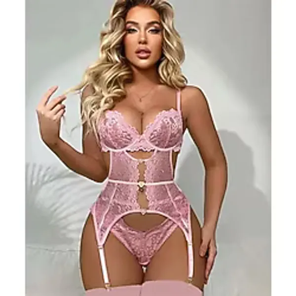 Kalp Aksesuarlı Dantelli Pembe Jartiyer Takım