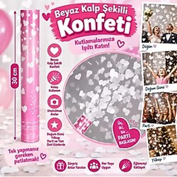 Kalp Şekilli Beyaz Konfeti 38 cm Parti Dekorasyonu