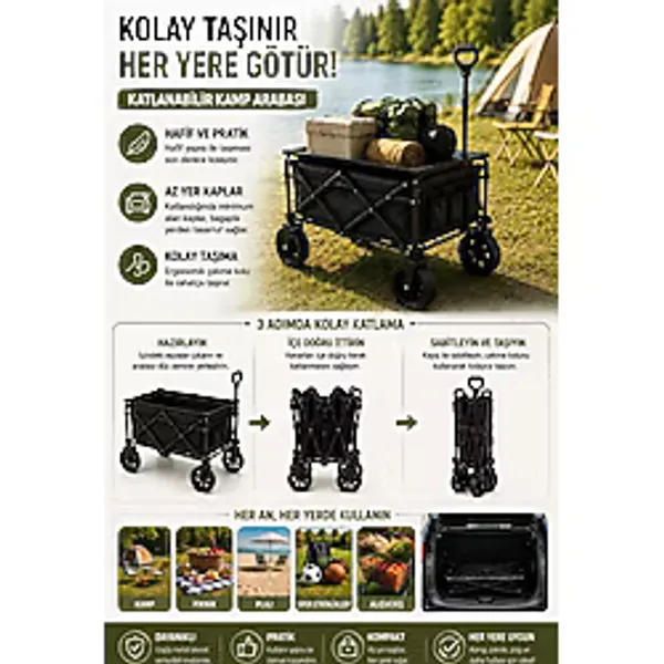 Kamp Piknik Plaj Arabası Katlanabilir Masalı Çekme Kollu Kompakt Taşıma Arabası 130 Kg
