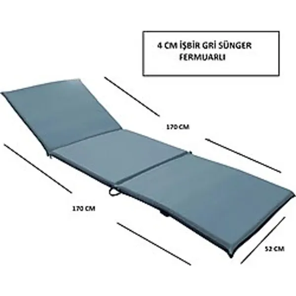 Kamp Yataği Çadir Yataği Şezlong Minderi 170x52x4 Cm Işbir Gri Sünger Cepli Fermuarli Şezlong Gri