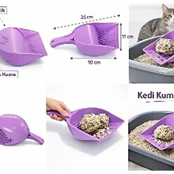 Kapaklı Kedi Kumu Küreği Elekli - Ergonomik Saplı Dayanıklı Plastik Kum Temizleme Küreği 26 cm
