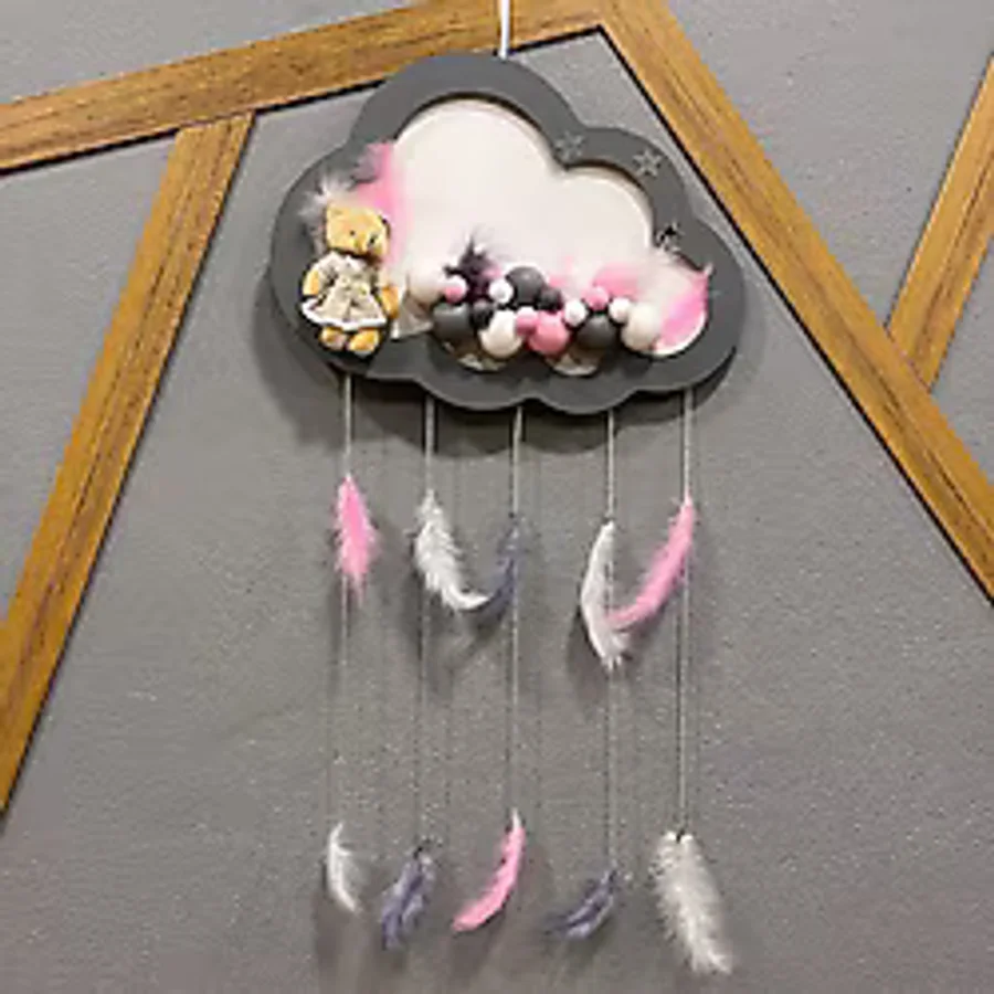 Kapı Süsü Ahşap led ışıklı Bulut Süslü Gri-Pembe Kız bebek Kapı Süsü