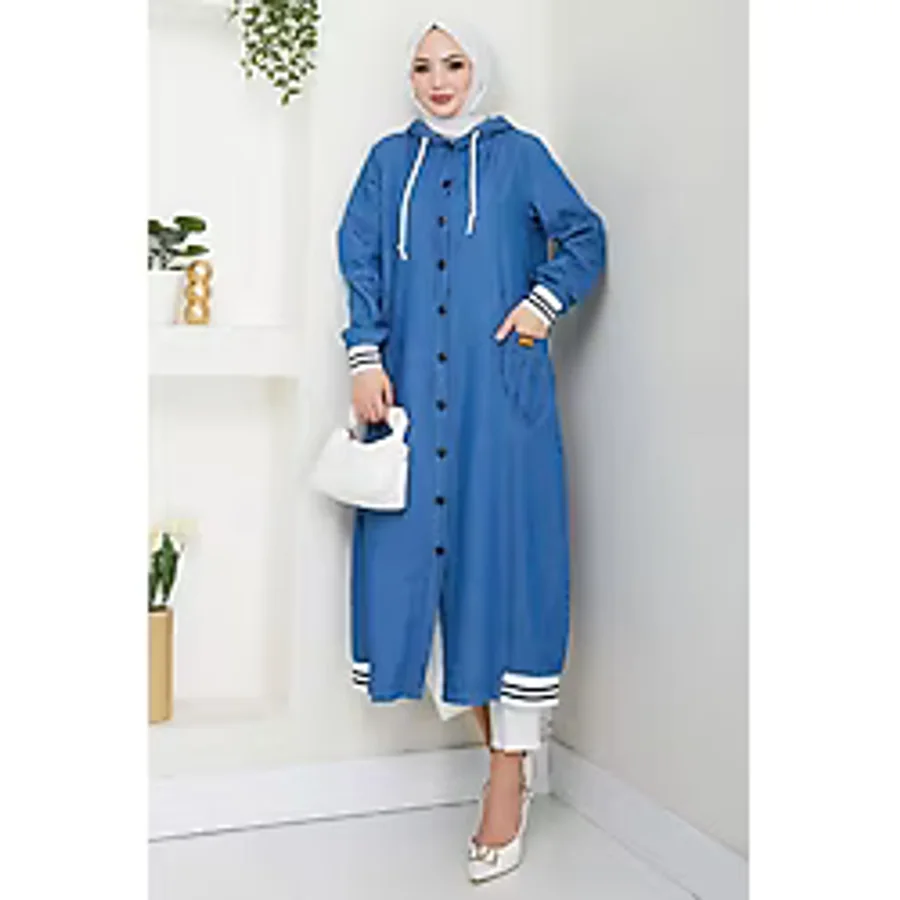 Kapüşonlu Ribanalı Kot Kap Açık Mavi HM2691 - 48