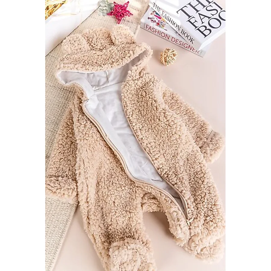 Kapüşonlu Welsoft Peluş Kışlık Kız/erkek Bebek Tulum Bej