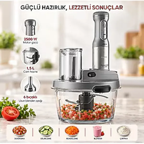 Karaca 2500 W Güçlü 6'sı 1 Arada Cam Hazneli Mutfak Robotu, 25 cm Uzun Altı Bıçaklı Blender Ayağı, Çırpıcı, Rende ve Dilimleme Aparatı + Tartı - Gri