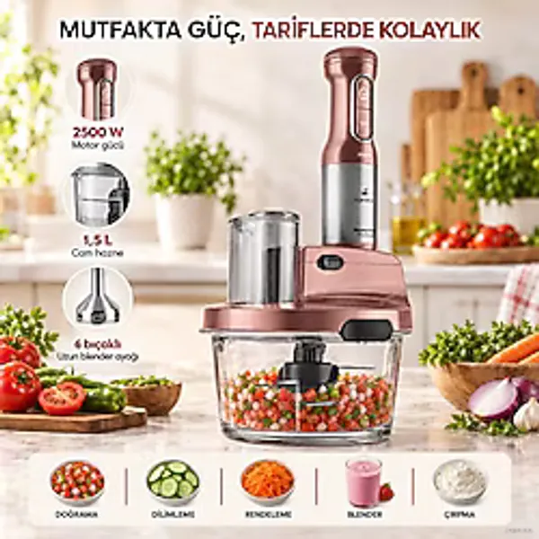 Karaca 2500 W Güçlü 6'sı 1 Arada Cam Hazneli Mutfak Robotu, 25 cm Uzun Altı Bıçaklı Blender Ayağı, Çırpıcı, Rende ve Dilimleme Aparatı + Tartı - Rose Gold