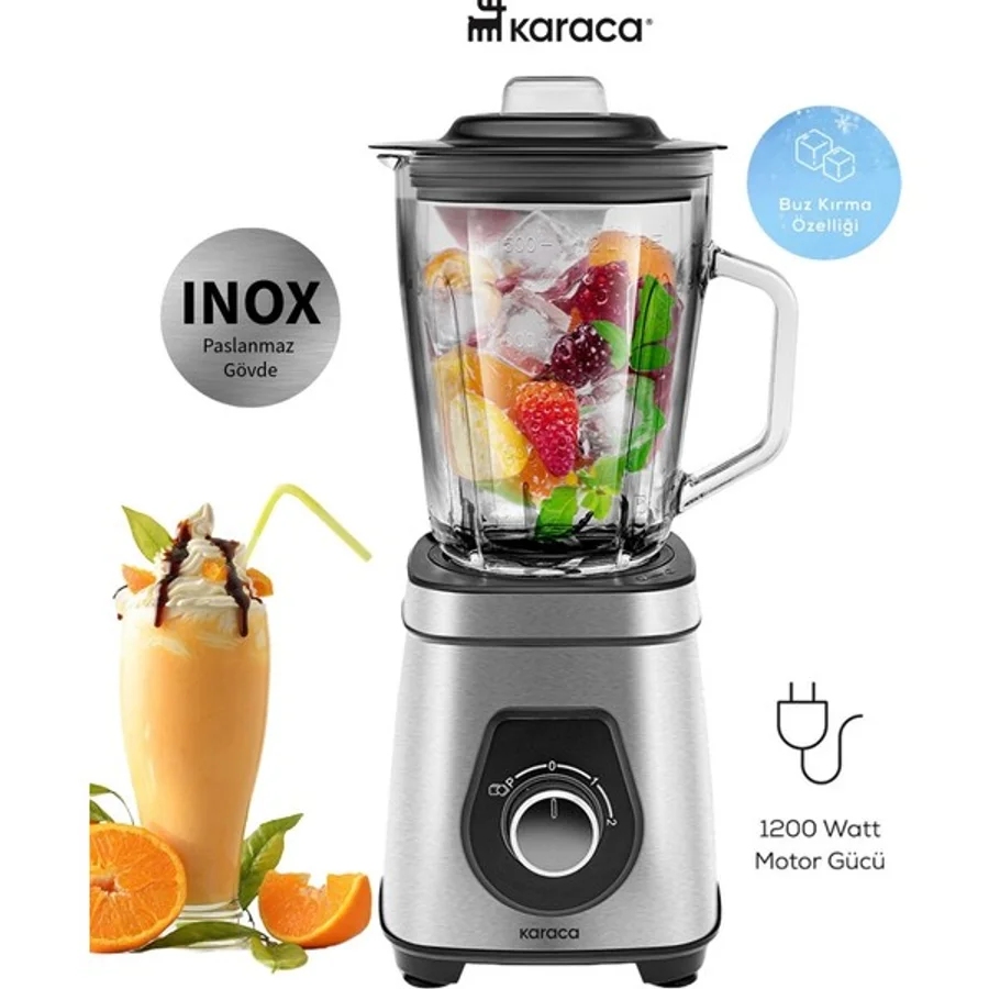 Karaca Inox Paslanmaz Gövde Smoothie BLENDER,1200W 1,5 Litre Cam Hazne Yüksek Gücü ile Yüksek Karıştırma ve Parçalama Performansı Sunar