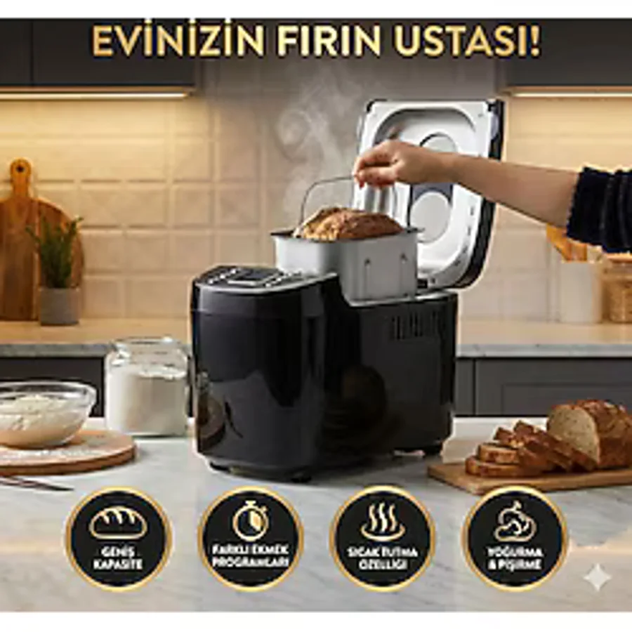 Karaca Tam Otomatik Ekmek Yapma Makinesi 1500 gr Geniş Hazneli 15 Programlı Akıllı Fırın - Zaman Ayarlı, Sıcak Tutma Özellikli, Glutensiz Modlu, Yoğurt ve Reçel Yapabilir Siyah