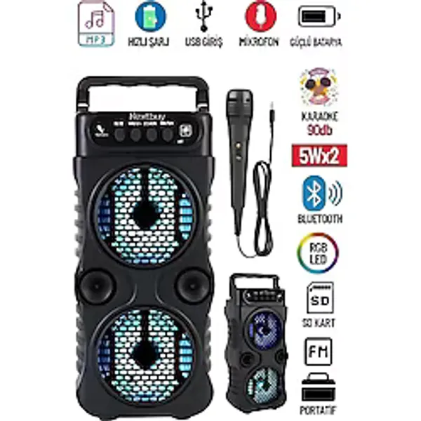 Karaoke Bluetooth Hoparlör Taşınabilir Kablosuz Usb Subwoofer Rgb Işık Fm Sd Mikrofonlu Ses Bombası