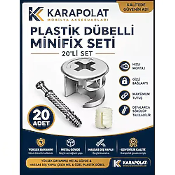 Karapolat Plastik Dübelli Minifix Gövde ve Mil Seti - Mobilya Bağlantı Elemanı (20 Adet)