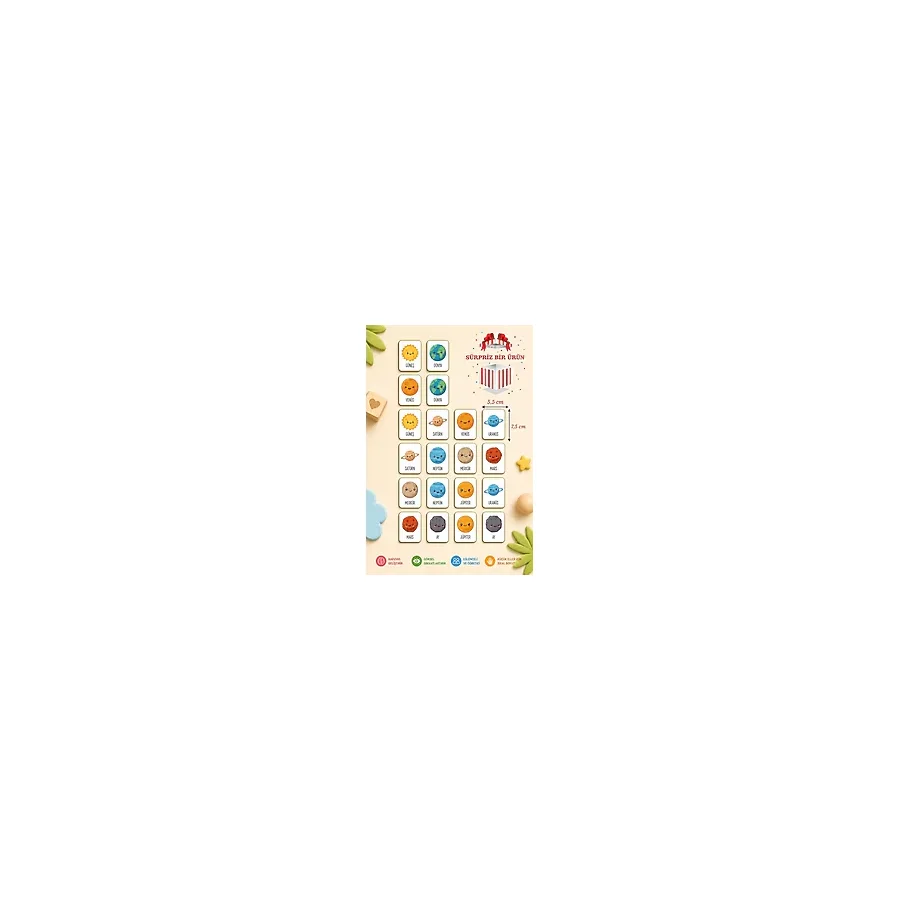karbonsoft Zeka Kartları Ahşap Eğitici Hafıza Eşleştirme Oyunu Sevimli Gezegenler Oyuncak ( 5,5 x 7,5 CM)