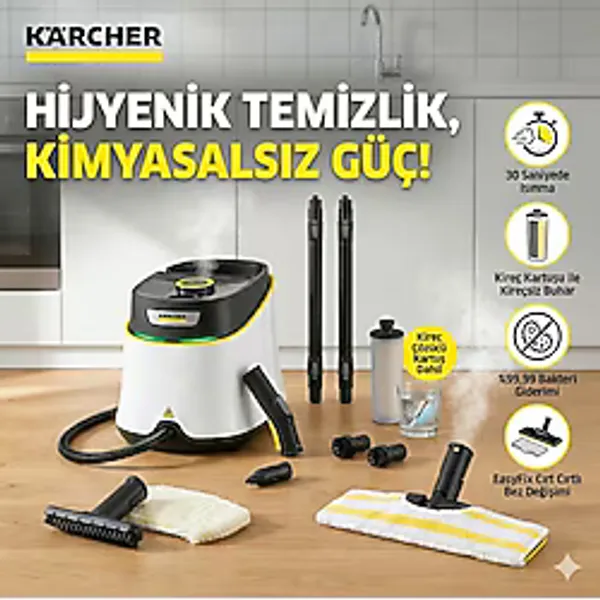 Karcher Buharlı Temizlik Makinesi Mop Fayans Koltuk Zemin Temizleyici Kimyasalsız Dezenfektan 1900W 3.5 Bar Buharlı Süpürge Sc 3 Deluxe - Beyaz