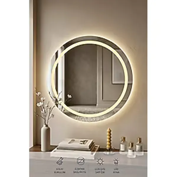Karen Banyo 60 Cm Kumlamalı Led Ayna, Banyo, Antre, Salon, Dekoratif Gün Işığı Duvar Aynası Renksiz
