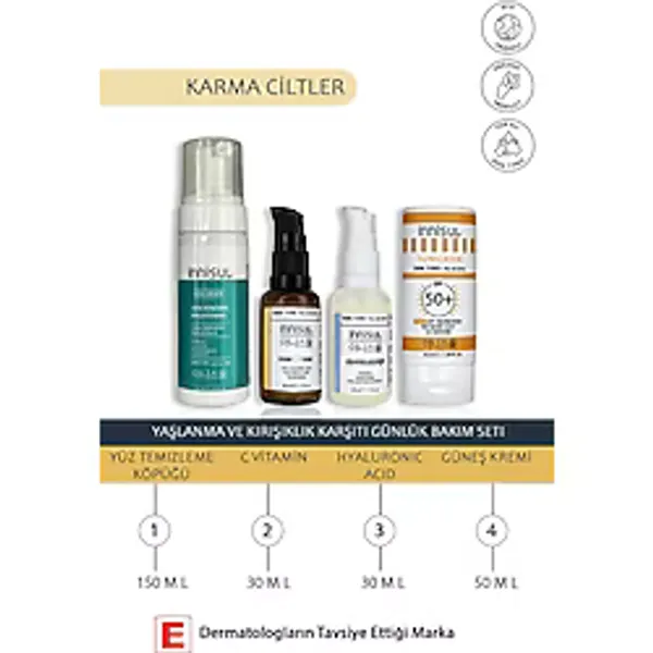Karma Ciltler Yaşlanma, Kırışıklık Karşıtı Bakım Seti:c Vitamini Serum, Hyaluronik Asit, Güneş Kremi