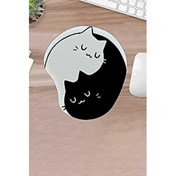 KARMAT Damla, Siyah Beyaz Kediler, Kedi Desenli Mouse Pad, Baskılı Bilek Destekli, Bilgisayar Aksesuarı Siyah