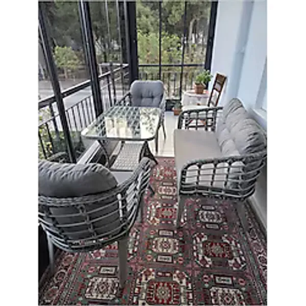 KARTEPE GALVANİZ BORU 2 1 1 SEHPA(60x90) RATTAN BAHÇE BALKON TAKIMI,GRİ RATTAN/GRİ KUMAŞ