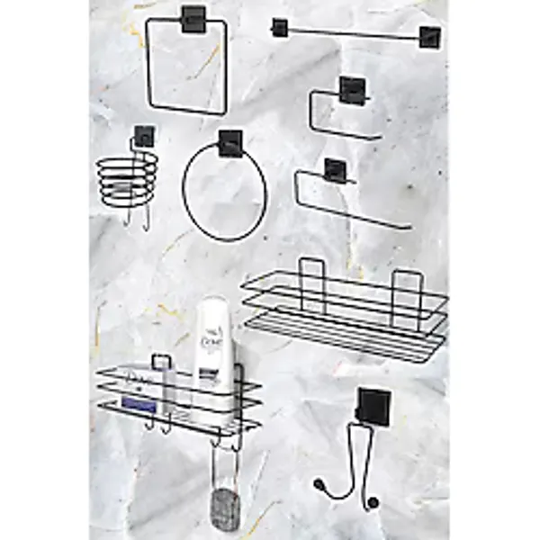 Karteya 9'lu Set Siyah Fön Makinesi Askısı Havluluk Wc/tuvalet Kağıtlık Rulo Havluluk Şampunanlık Banyo Set