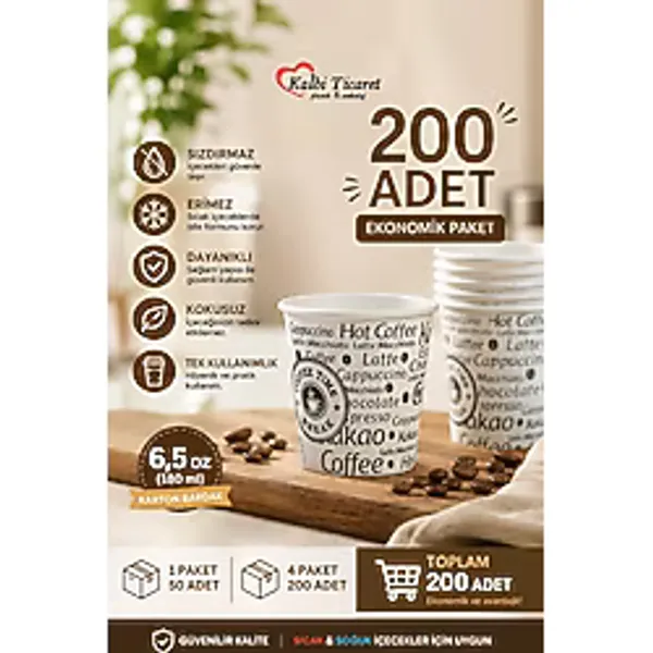 Karton Bardak 6,5 Oz 200'Lü Sızdırmaz Erimez Kokusuz Kullan At Bardak Kağıt Bardak