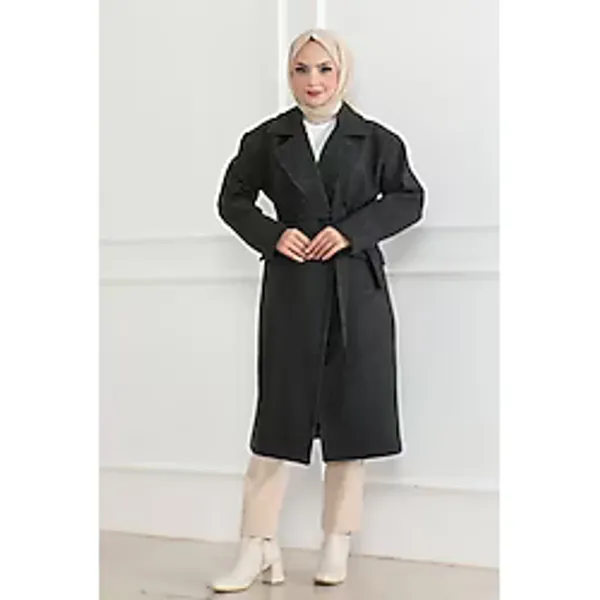 Kaşe Kaban Uzun Boy 115 cm Kruvaze Yaka Kuşaklı Astarlı Tesettür Kaban Yünlü - Siyah