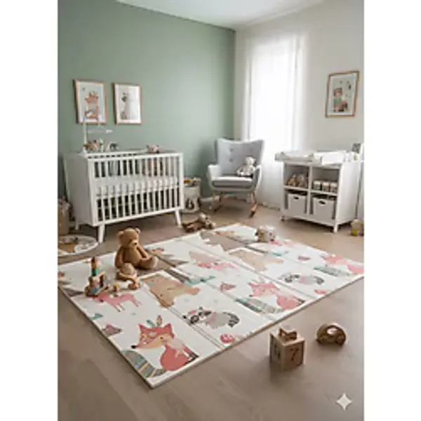 Katlanabilir Çift Taraflı Eğitici Çocuk Oyun Matı, Oyun Halısı 120x120 Taşıma Çantalı - Ayı