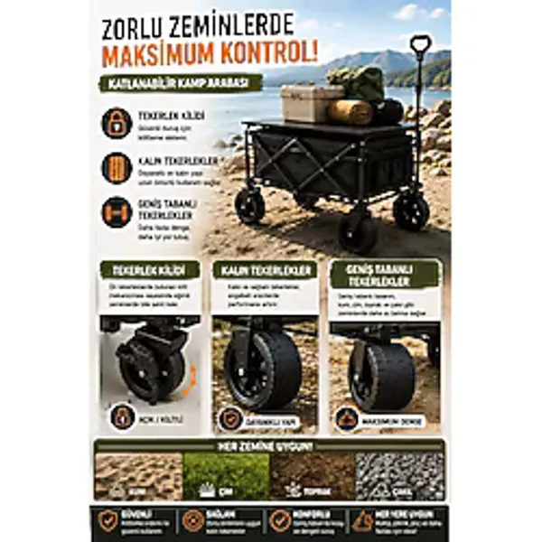 Katlanabilir Kamp Arabası Üst Tablalı 130 Kg Taşıma Kapasiteli Geniş Tekerlekli Çekçek