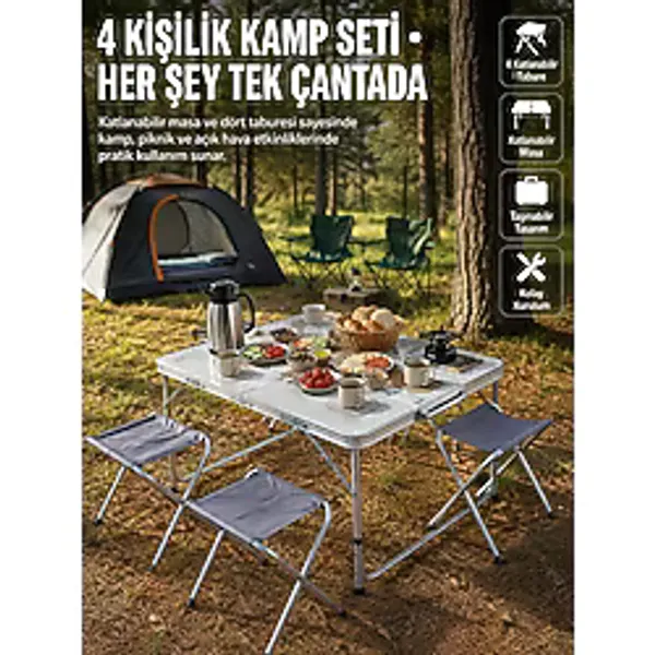 Katlanabilir Kamp Masası Ve 4 Tabure Seti Taşınabilir Alüminyum Gövdeli Piknik Masası