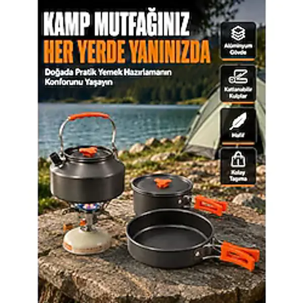 Katlanabilir Kulplu Alüminyum Kamp Tencere Tava Çaydanlık Seti Piknik Ve Doğa Kampı İçin
