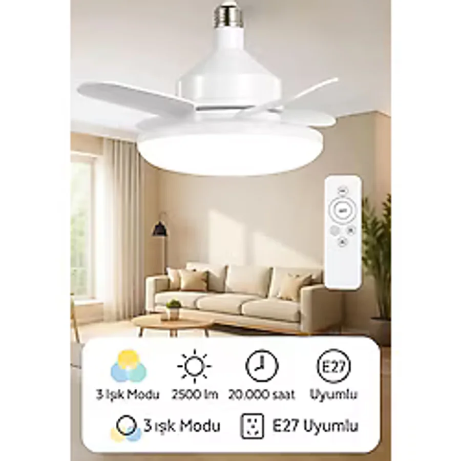 Katlanabilir LED Tavan Vantilatörü - Sessiz, Akıllı ve Kumandalı Aydınlatma 22.5'' - Beyaz