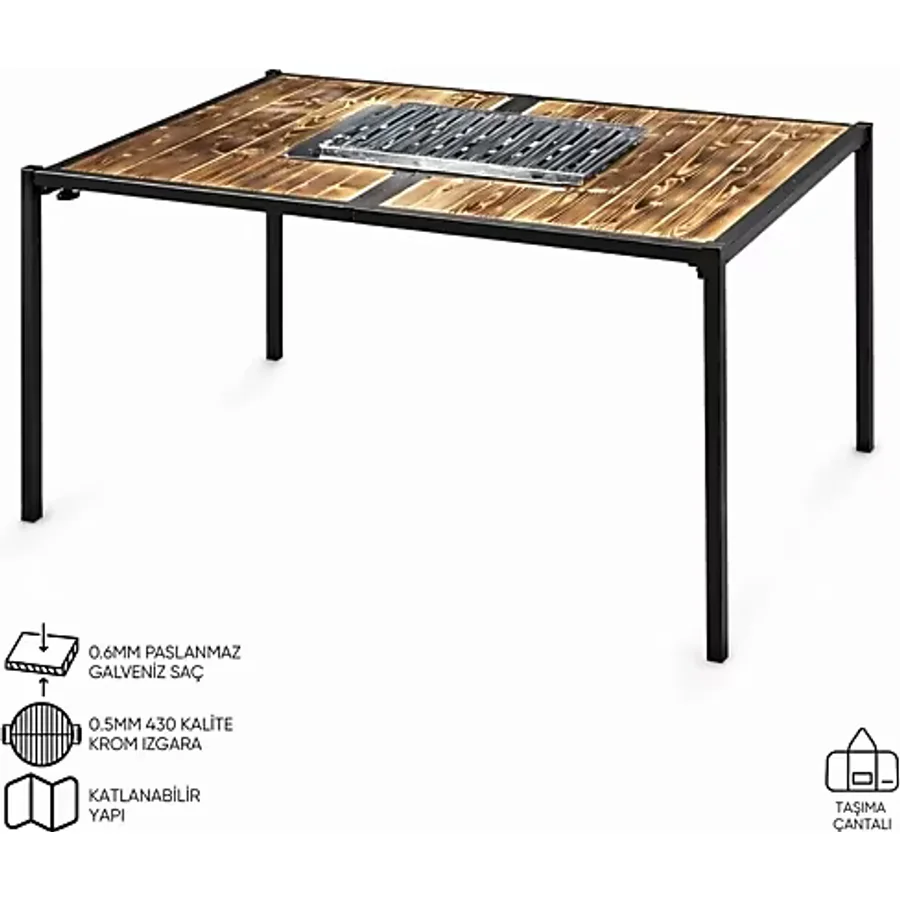 Katlanabilir Mangal Masa - Krom Izgaralı - 100Cmx70Cmx65Cm