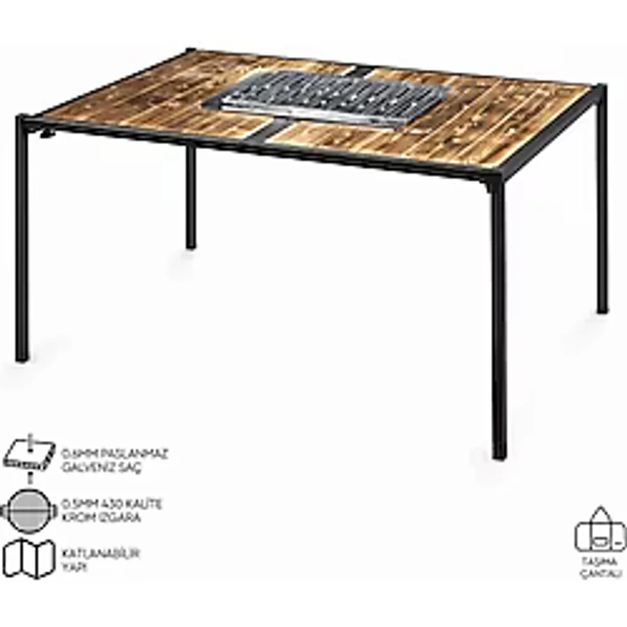 Katlanabilir Mangal Masa - Krom Izgaralı - 100Cmx70Cmx65Cm