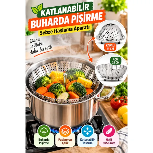 Katlanabilir Paslanmaz Çelik Buharda Sebze Pişirme Haşlama Aparatı 22 Cm Buhar Sepeti Orta Boy Ürün
