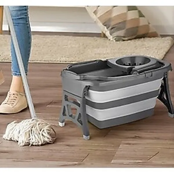 Katlanır Temizlik Kovası Seti, 20 Litre, Gri-Beyaz, Paspas Sapı ve Mop Başlığı ile