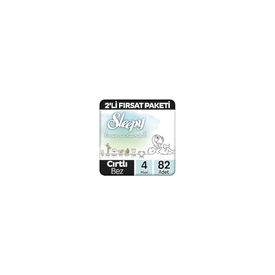 Kazan Hobi Sleepy Bio Natural 2'li Fırsat Paketi Bebek Bezi 4 Numara Maxi 82 Adet Cırtlı Bez