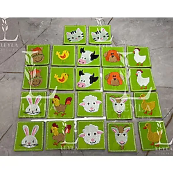 Keçe Üzeri Nakışlı Araç Zeka Kartları- Hafıza Kartı - Montessori Eşleştirme Oyunu- Ilk Oyuncak -Bebek Oyuncakları - 1 Yaş ve Üzeri Eğitici Oyuncak - 18 Parça Eşleştirme Seti - HAYVANLAR