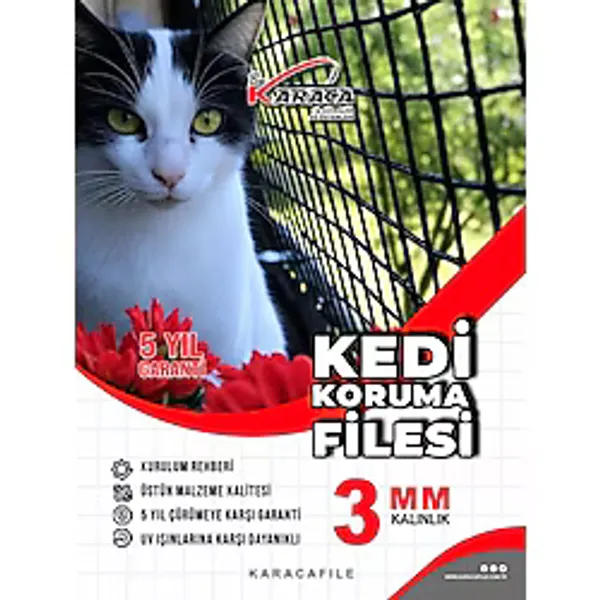 Kedi Balkon Güvenlik Filesi - 1.5 M Yükseklik Metreyle Kesim 3 mm Ip, 3.5x3.5 cm Göz Aralığı + Montaj Aparatları (Siyah) - 1.5x9 m