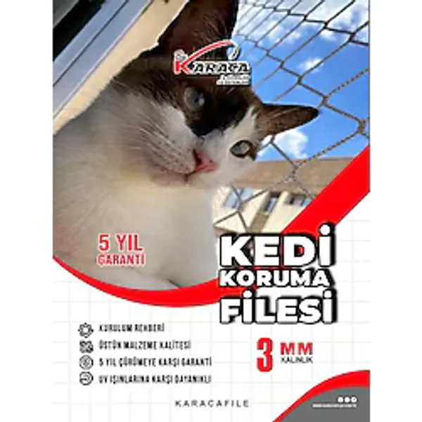 Kedi Balkon Güvenlik Filesi - 3m Yükseklik Metreyle Kesim 3 mm Ip, 4x4 cm Göz Aralığı + Montaj Aparatları (Beyaz) - 3x4 m