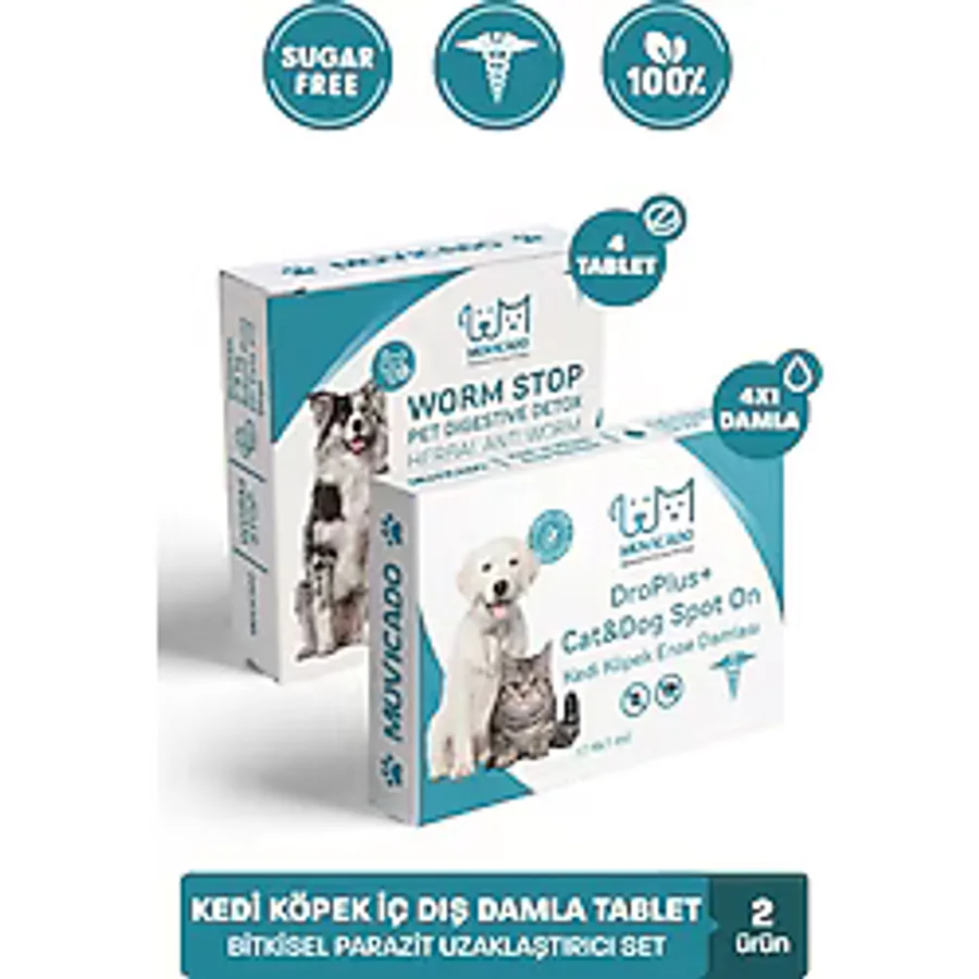 Kedi Köpek İç Dış Parazit Damlası ve Tableti Seti - Parazit Uzaklaştırıcı Bitkisel Damla - Ödül Tablet Seti - Bit Pire Giderici Damla ( 4 İç Parazit + 4 Dış Parazit )