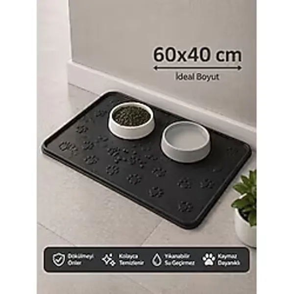 Kedi Köpek Mama Matı Havuzlu Yıkanabilir Kaymaz Evcil Hayvan Beslenme Matı Kedi Kumu Paspası 40x60