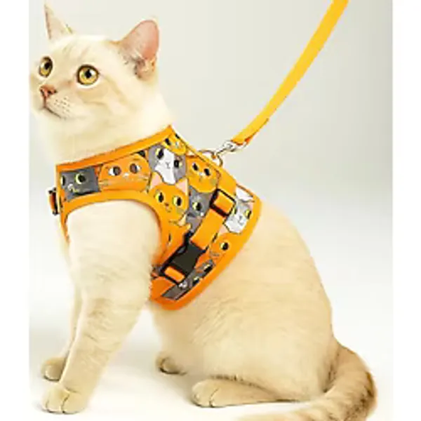 Kedi Tasması, Kaçış Önleyici, Renkli Kumaş, Ayarlanabilir Göğüs Tasması, Küçük Irk Kediler için (Turuncu Desenli, Small)