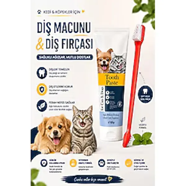Kedi Ve Köpek Diş Macunu 100 Gr Çift Taraflı Diş Fırçası Ağız Bakım Seti