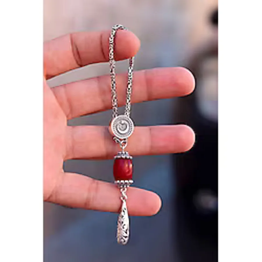 Kehribar Taşlı Ay Yıldız Model Telkari 925 Ayar Gümüş Anahtarlık 201024609