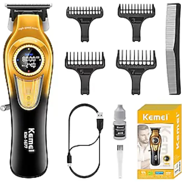 KEMEI 1677 Erkekler için Sakal Düzeltici, Profesyonel Saç Kesme Makineleri, LED Ekranlı Akülü Berber Makası, DLC T-Blade Saç Kesme Makinesi, 8000 RPM Turbo Fırçasız Motor