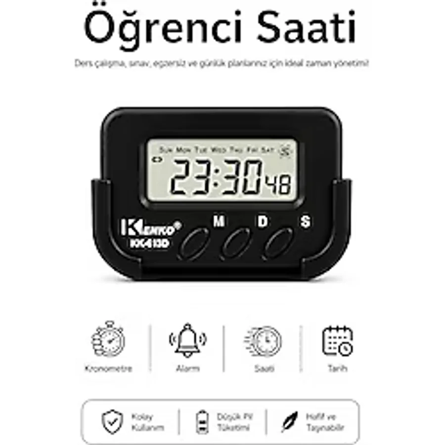 Kenko KK-613D Dijital Saat, Kronometre ve Alarm Fonksiyonlu, Siyah, ABS Plastik, Araç İçi ve Masaüstü Kullanım, Pomodoro Timer, LCD Ekranlı