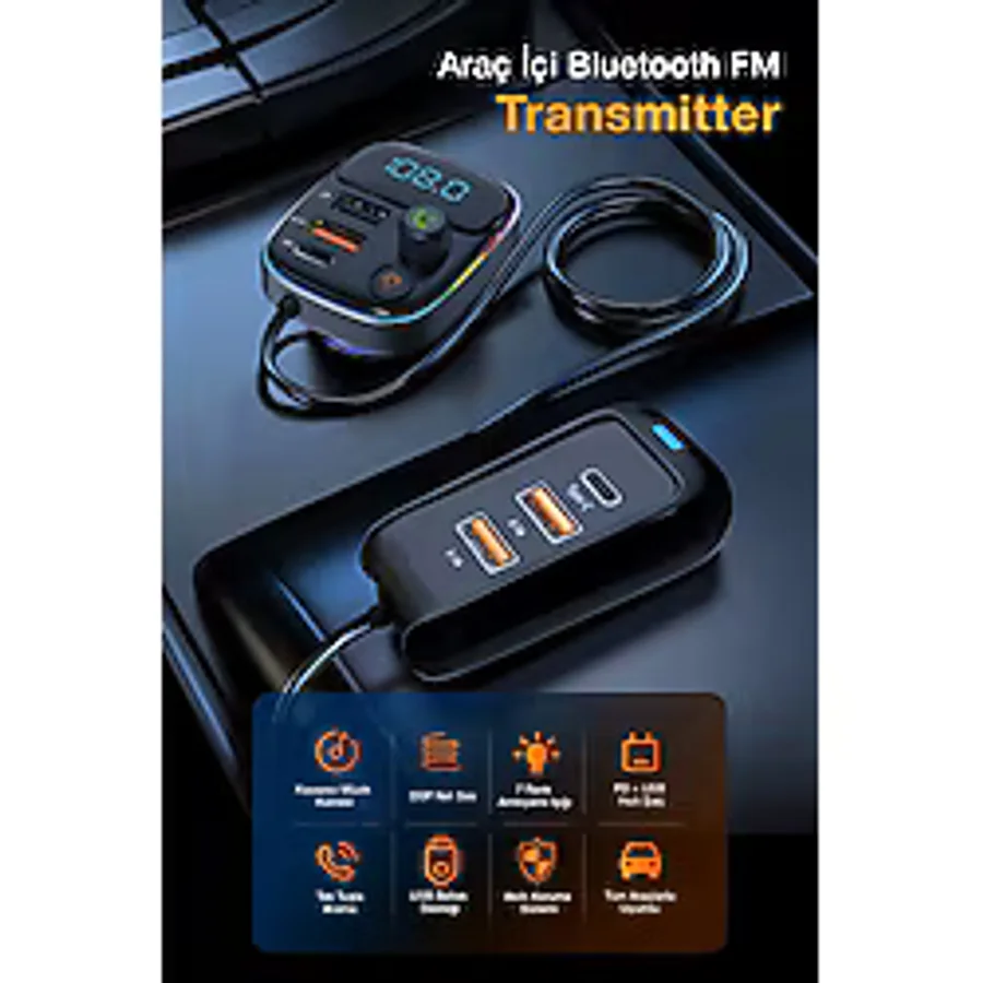 Kensa PD 30W Hızlı Şarj & RGB LED Işıklı Araç FM Transmitter 6 Multi-Port 5V 3.1A USB 1M Kablolu