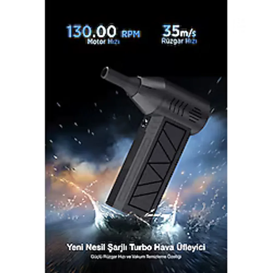 Kensa Turbo Mini Hava Üfleyici Jet Fan - 3 Kademeli Güçlü Üfleme, Toz Temizleme, Mangal, LED Işıklı - Siyah